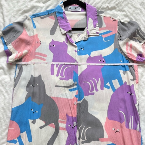 Pastel Cat Print Short Sleeve Collared Button Down Tunic/Shirt Dress Sz. S - Picture 3 of 12